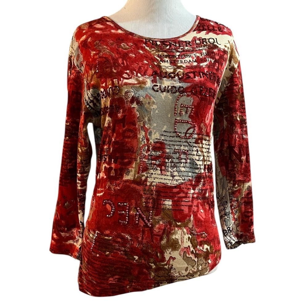 PASSPORTS THREE QUARTER SLEEVE ASYMMETRICAL BEADED SEQUINED TOP RED SIZE MEDIUM